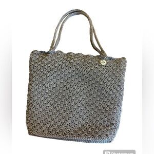 The Sak Crochet Knit Tan Brown Lettuce Edge Handbag with Middle Compartment